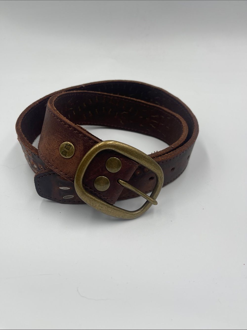 Bed Stu Brown Leather Belt with Brass-Tone Rounded Buckle